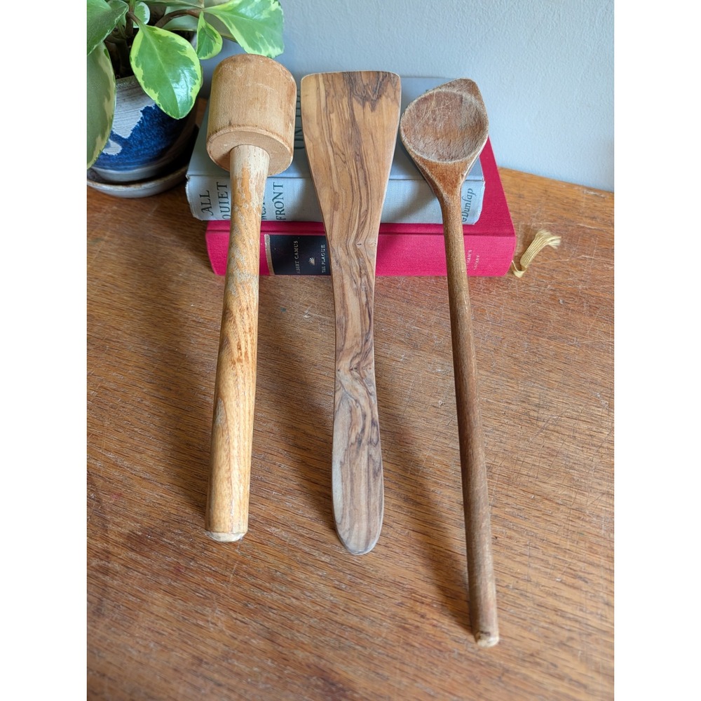 Vintage Wooden Kitchen Utensil Set Olive Wood Spatula Meat Mallet Spoon 3pc